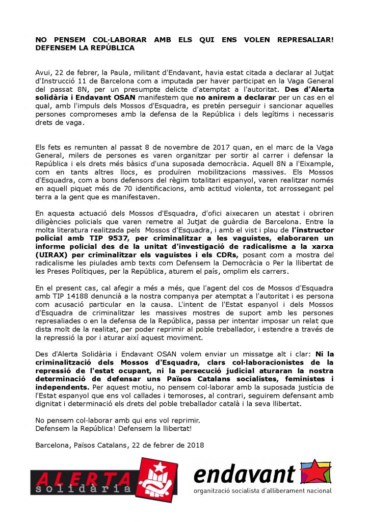 Comunicat d'Endavant (OSAN) i Alerta Solidària